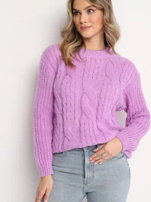 Fioletowy Klasyczny Sweter z Modnym Splotem Viloma