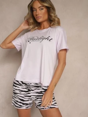 Fioletowy Komplet Piżamowy z Bawełny T-shirt i Szorty z Motywem Zebry Milaria