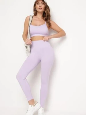 Fioletowy Komplet Sportowy Biustonosz na Ramiączkach i Legginsy z Gumką w Pasie Nadlira