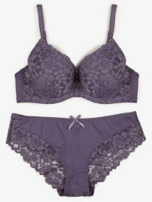 Fioletowy Koronkowy Komplet Biustonosz i Majtki Figi w Klasycznym Stylu Ezirene