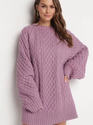 Fioletowy Sweter o Wydłużonym Fasonie z Modnym Splotem Ahexa