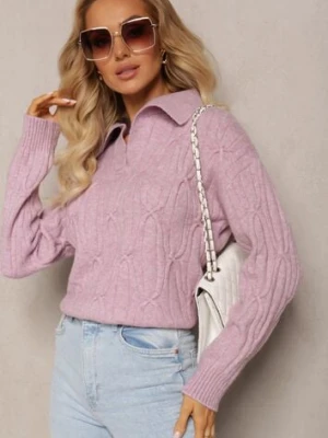 Fioletowy Sweter z Dekoltem w Serek i Ozdobnym Splotem Travissa wool fashion
