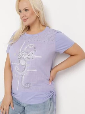 Fioletowy T-shirt z Bawełny Ozdobiony Cyrkoniami i Ściągaczami po Bokach Forena