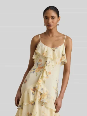 Fit and Flare sukienka wieczorowa z cienkie ramiączka i falbany Lauren Ralph Lauren