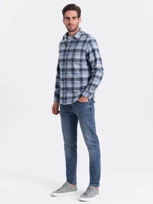 Flanelowa koszula męska w kratę - niebiesko-szara V1 Ombre Clothing