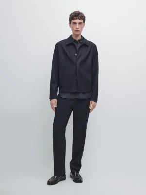 Flanelowa Koszula Wierzchnia Ze 100% Wełny Z Efektem Sztruksu - Granatowy - - Massimo Dutti - Male