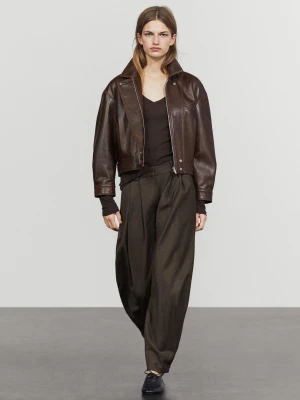 Flanelowe Spodnie Z Zakładkami I Zamszowym Detalem Przy Dole - Brązowy - Massimo Dutti - Female