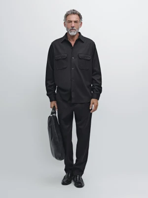 Flanelowe Spodnie Ze 100% Wełny Z Gumką Z Boku - Granatowy - - Massimo Dutti - Mężczyzna
