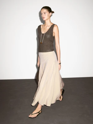 Flared Midi Skirt With Linen - Beżowy - - Massimo Dutti - Female