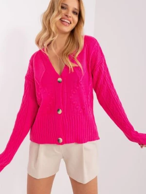 Fluo różowy sweter damski rozpinany z dekoltem V BADU