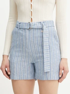 Fracomina szorty z domieszką lnu damskie kolor niebieski wzorzyste high waist FS25SV6004W402Q6
