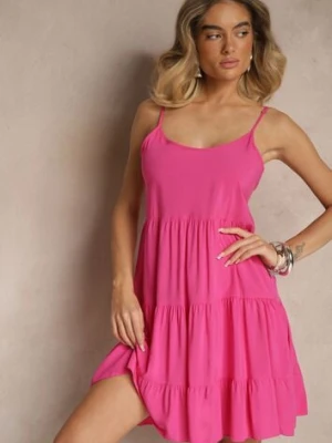 Fuksjowa Bawełniana Sukienka na Ramiączkach Ozdobiona Falbanami Lilitte defox