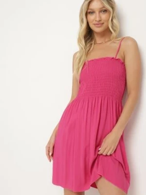 Fuksjowa Bawełniana Sukienka na Ramiączkach z Marszczonym Dekoltem Krisele defox