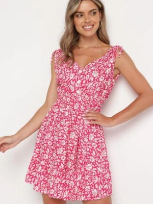 Fuksjowa Bawełniana Sukienka na Ramiączkach ze Ściągaczami i Guzikami z Gumką w Talii Tesria defox