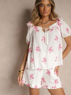 Fuksjowa Bluzka z Wiskozą Wiązaniem przy Dekolcie i Haftami Nilamessa rosa