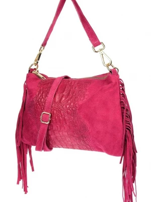 Fuksjowa damska włoska skórzana torebka frędzel pozioma różowy Merg
