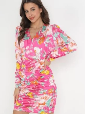 Fuksjowa Dopasowana Sukienka Mini z Marszczeniem i Głębokim Dekoltem Brunnera retro & icone