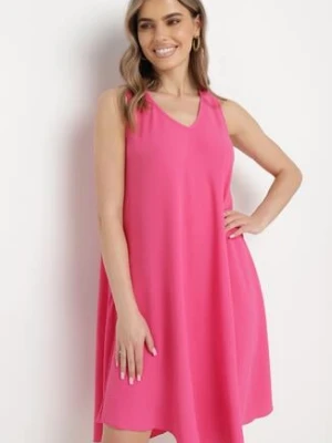 Fuksjowa Gładka Sukienka Midi na Ramiączkach z Trójkątnym Dekoltem Voriala fashion