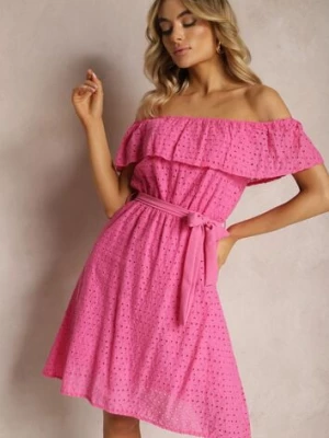 Fuksjowa Haftowana Sukienka Typu Hiszpanka z Gumką i Paskiem w Talii Qira wei wei