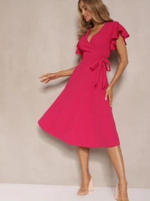 Fuksjowa Kopertowa Sukienka z Rozkloszowanym Dołem i Ozdobnym Wiązaniem Dannola new collection