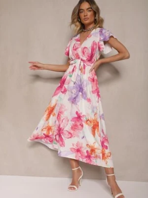 Fuksjowa Kopertowa Sukienka z Wiązanym Paskiem w Kwiatowy Wzór Redellira lovery