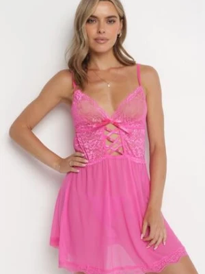 Fuksjowa Koronkowa Koszula Nocna z Wiązaniem pod Biustem oraz Stringi Bowyn yuna