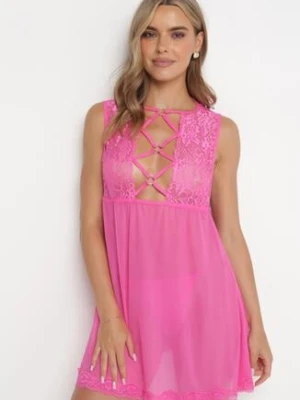 Fuksjowa Koszula Nocna z Siateczki Ozdobiona Koronką i Wiązaniem oraz Stringi Roberitte yuna