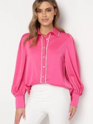 Fuksjowa Koszula z Bufiastymi Rękawami Zapinana na Guziki Ozdobiona Koralikami Torlee elsa.m by may