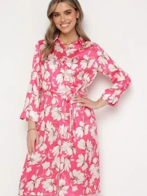 Fuksjowa Koszulowa Sukienka Zapinana na Guziki z Materiałowym Paskiem w Talii Blinesta sophyline paris