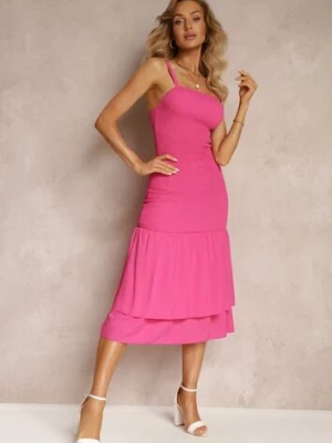 Fuksjowa Marszczona Sukienka Midi z Kwadratowym Dekoltem z Wiskozy Lueta cflo