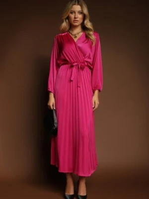 Fuksjowa Maxi Sukienka z Plisowanym Dołem i Kopertowym Dekoltem Basila christy