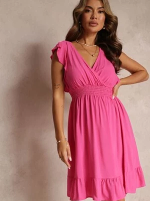 Fuksjowa Mini Sukienka z Wiskozy o Rozkloszowanym Fasonie i Kopertowym Dekolcie Lolsa cflo