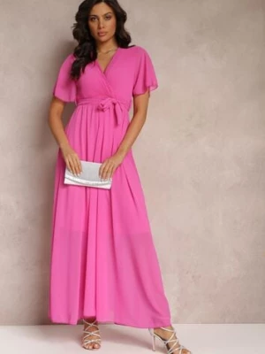 Fuksjowa Plisowana Sukienka z Kopertowym Dekoltem i Gumką w Talii Dimitris lily rose