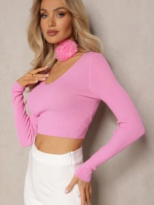 Fuksjowa Prążkowana Bluzka o Krótkim Fasonie Choker z Kwiatem w Komplecie Laindera elsa.m by may