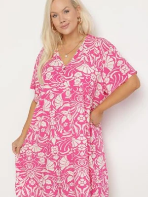 Fuksjowa Pudełkowa Sukienka z Wiskozy w Kwiaty z Guzikami Liramiree melya by melody