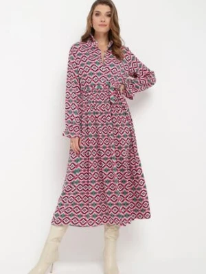 Fuksjowa Rozkloszowana Sukienka Koszulowa w Geometryczny Print Larissam j&x