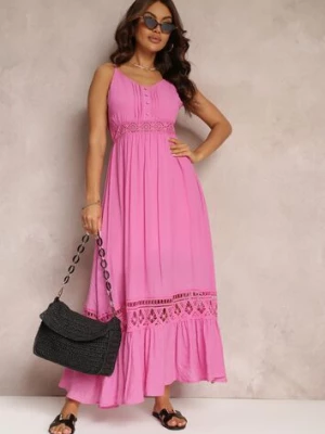 Fuksjowa Rozkloszowana Sukienka Maxi z Falbanką i Koronką Luluma elsa.m by may