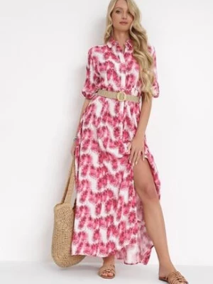 Fuksjowa Rozkloszowana Sukienka Maxi z Plecionym Paskiem i Wsuwanymi Kieszeniami Suttyn rosa