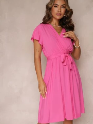 Fuksjowa Rozkloszowana Sukienka Midi z Wiązanym Paskiem Elemia cflo