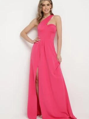 Fuksjowa Rozkloszowana Sukienka z Asymetryczną Górą i Wiązaniem na Ramieniu z Rozcięciem Efirey messaya