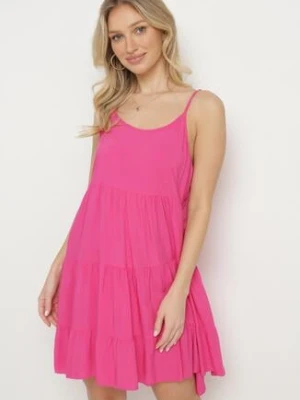 Fuksjowa Rozkloszowana Sukienka z Bawełny na Ramiączkach z Falbanami Lilivane defox