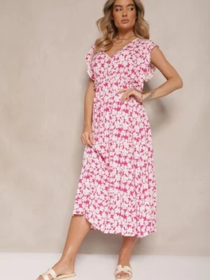 Fuksjowa Rozkloszowana Sukienka z Bawełny w Kwiatowy Wzór z Gumką w Talii Alaniria defox
