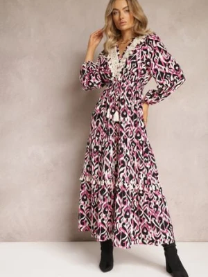 Fuksjowa Rozkloszowana Sukienka z Gumką w Pasie i Ażurową Wstawką Margotta rosa