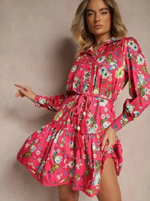 Fuksjowa Rozkloszowana Sukienka z Koronkowymi Wstawkami i Sznurkiem Payten elsa.m by may