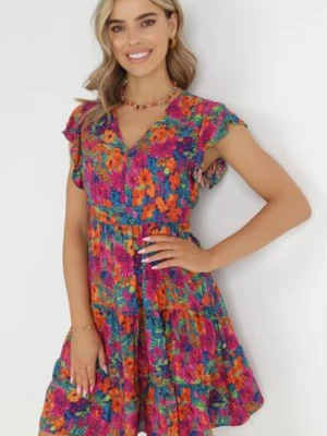 Fuksjowa Rozkloszowana Sukienka z Wiskozy z Falbanką Nespena cflo