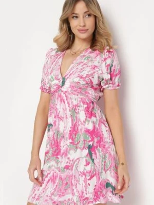 Fuksjowa Rozkloszowana Sukienka z Wiskozy z Krótkim Rękawem i Wszytą Gumką w Pasie Zenellanea melya by melody