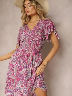 Fuksjowa Rozkloszowana Sukienka z Wiskozy z Trójkątnym Dekoltem i Gumką w Pasie Grilemia j&x