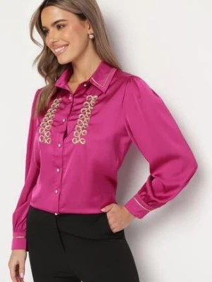 Fuksjowa Satynowa Koszula z Kołnierzykiem Ozdobiona Cyrkoniami i Perełkami Classa elsa.m by may