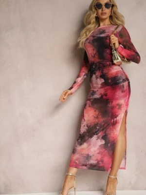 Fuksjowa Siateczkowa Sukienka Bodycon w Marmurkowy Wzór z Rozcięciem na Dole Valerimes by swan