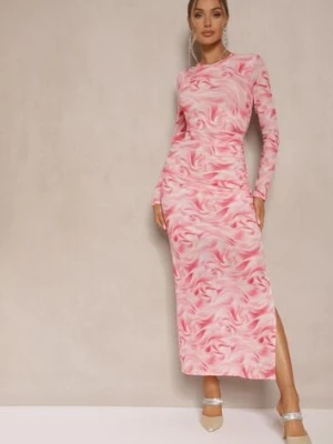 Fuksjowa Siateczkowa Sukienka z Wiskozą o Dopasowanym Kroju w Abstrakcyjny Print Saralora by swan